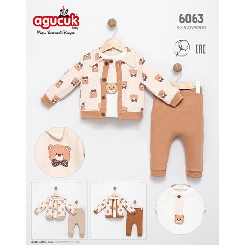 Agucuk Baby 6063 Erkek Bebe Penye Sevimli Ayıcıklı Baskılı 3 Lü Kravatlı Takım 3-9 Ay