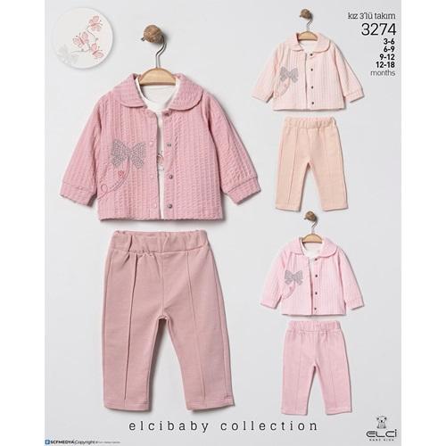 Elci 3274 Kız Bebe Penye Kelebek Nakışlı 3 Lü Takım 3-18 Ay