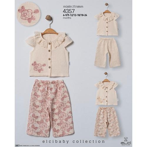 Elci 4357 Kız Bebe Müslin Çiçek Nakışlı Takım 6-24 Ay