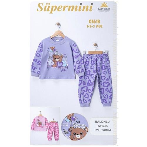Süpermini 1618 Kız Çocuk Penye Sevimli Ayıcık Baskılı Takım 1-3 Yaş