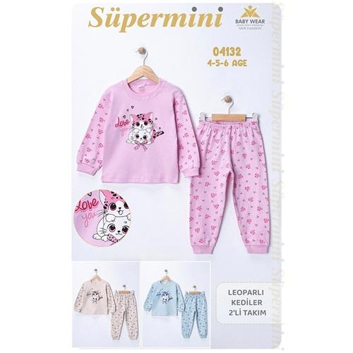 Süpermini 4132 Kız Çocuk Penye Sevimli Kediler Baskılı Takım 4-6 Yaş