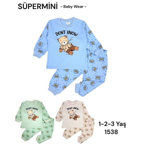Süpermini 1628 Erkek Çocuk Penye Sevimli Uyuyan Ayıcık Baskılı Takım 1-3 Yaş