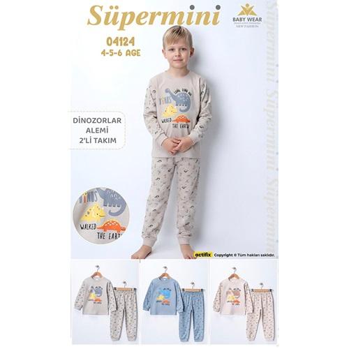 Süpermini 4124 Erkek Çocuk Penye Sevimli Dinozor Baskılı Takım 4-6 Yaş
