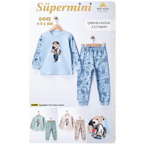 Süpermini 4142 Erkek Çocuk Penye Sevimli Çantalı Ayıcık Baskılı Takım 4-6 Yaş