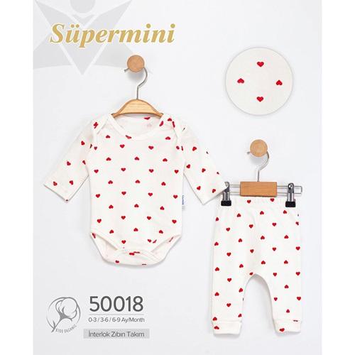 Süpermini 50018 Kız Bebe Penye Kalp Baskılı Çıtçıtlı Badili Takım 3-9 Ay