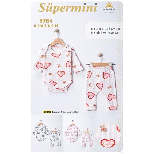 Süpermini 50154 Kız Bebe Penye Ekose Kalp Baskılı Çıtçıtlı Badili Takım 3-9 Ay