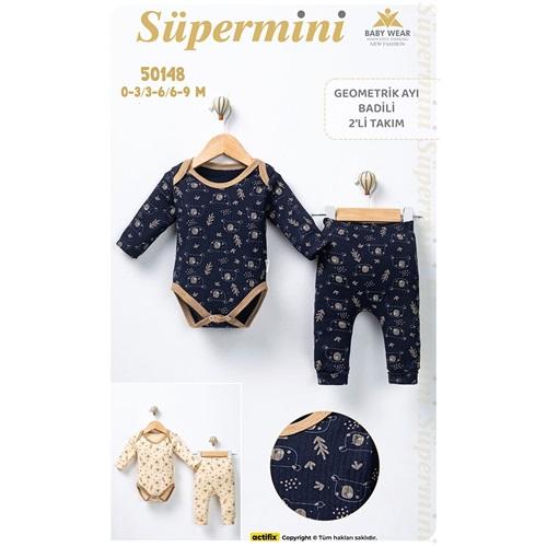 Süpermini 50148 Bebe Penye Geometrik Sevimli Ayıcık Baskılı Çıtçıtlı Badili Takım 3-9 Ay