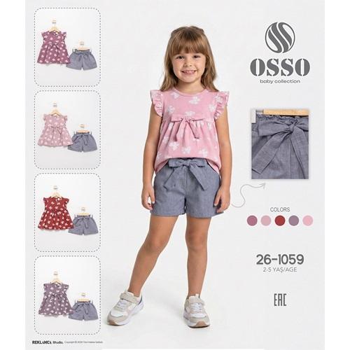 Osso 1059 Kız Çocuk Penye Kurdela Baskılı Şortlu Takım 2-5 Yaş