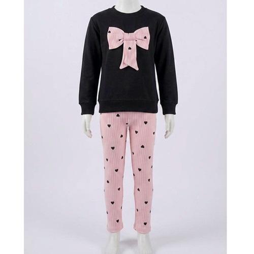 Lumino 20454 Kız Çocuk Penye Kalp Baskılı Fiyonklu Takım 6-9 Yaş