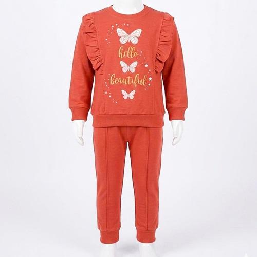 My Hanne 54308 Penye Kız Çocuk Fırfırlı Kelebek Baskılı Takım 2-5 Yaş