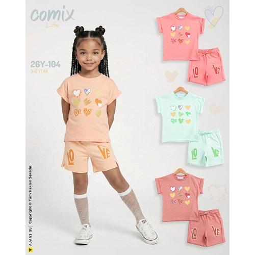 Comix 104 Kız Çocuk Penye Love Kalp Baskılı Şortlu Takım 3-6 Yaş