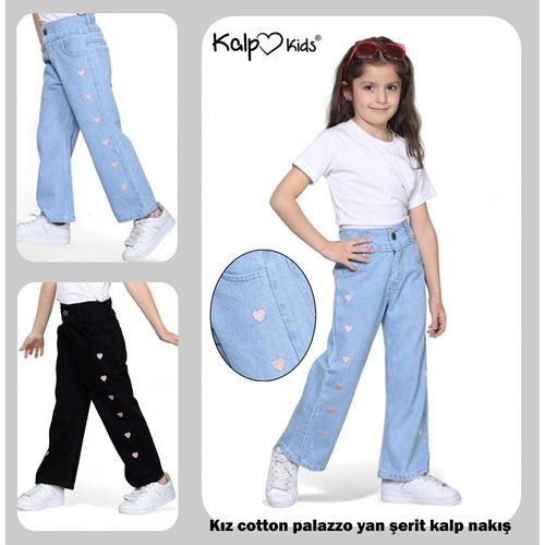 Kalp Kids 4640-2 Kız Çocuk Cotton Palazzo Şerit Kalp Nakışlı Pantolon 11-15 Yaş