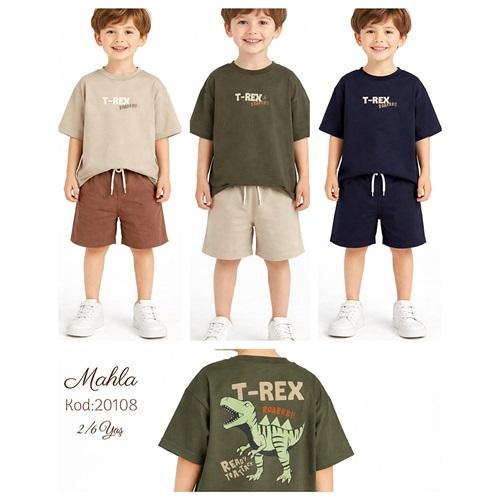 Mahla 20108 Erkek Çocuk Penye Dinazor Baskılı Şortlu Takım 2-6 Yaş