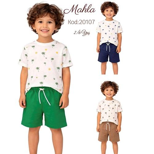 Mahla 20107 Erkek Çocuk Penye Palmiyeli Baskılı Şortlu Takım 2-6 Yaş