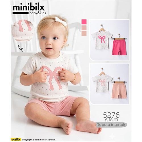 Minibilx 5276 Kız Bebe Penye Rapolu Fiyonklu Baskılı Şortlu Takım 6-18 Ay