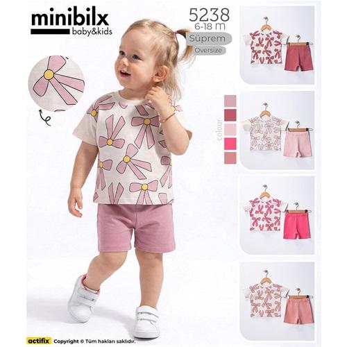 Minibilx 5238 Kız Bebe Penye Fiyonklu Baskılı Şortlu Takım 6-18 Ay