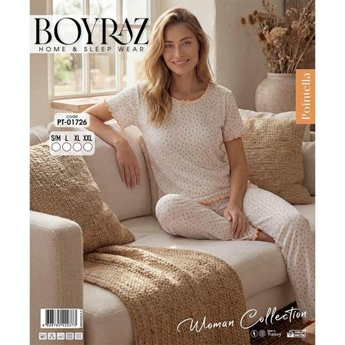 Boyraz PT-01726 Bayan Pointella Desenli Kısa Kol Pijama Takımı S-2XL