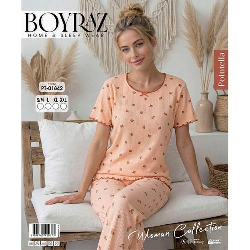 Boyraz PT-01842 Bayan Pointella Desenli Kısa Kol Pijama Takımı S-2XL