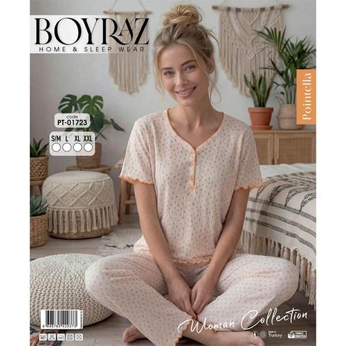 Boyraz PT-01723 Bayan Pointella 3 Düğmeli Desenli Kısa Kol Pijama Takımı S-2XL