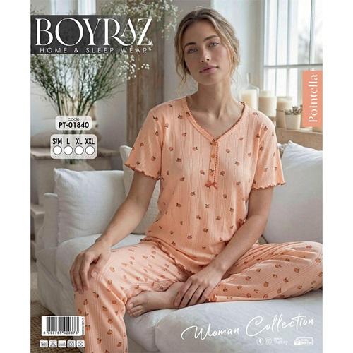 Boyraz PT-01840 Bayan Pointella 3 Düğmeli Desenli Kısa Kol Pijama Takımı S-2XL