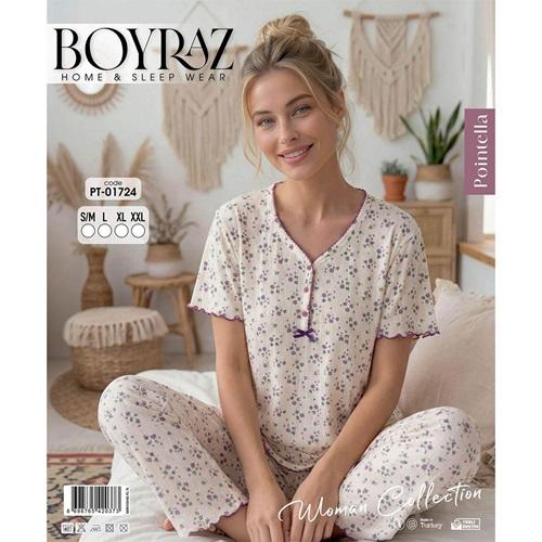 Boyraz PT-01724 Bayan Pointella 3 Düğmeli Desenli Kısa Kol Pijama Takımı S-2XL