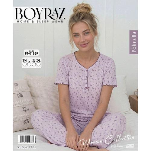 Boyraz PT-01839 Bayan Pointella 3 Düğmeli Desenli Kısa Kol Pijama Takımı S-2XL
