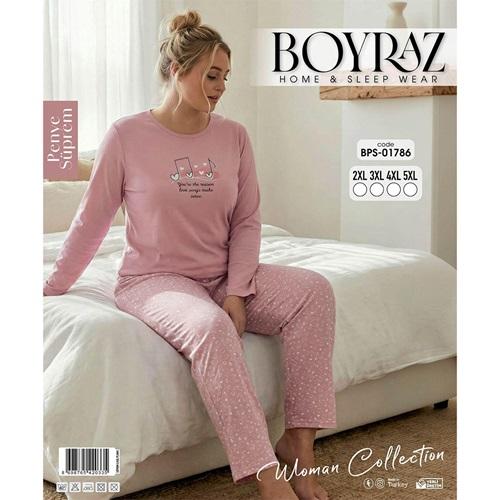 Boyraz BPS-01786 Bayan Penye Süprem Battal Desenli Uzun Kollu Pijama Takımı 2XL-5XL