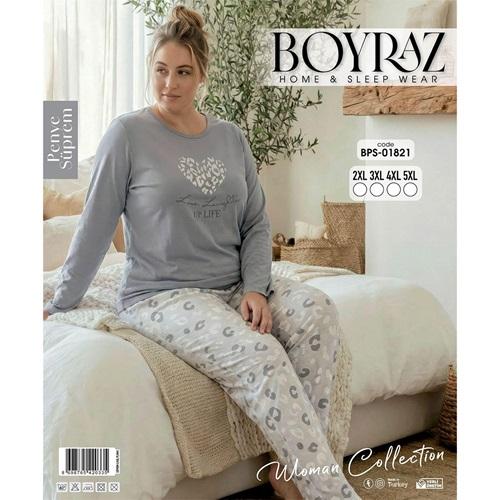 Boyraz BPS-01821 Bayan Penye Süprem Battal Desenli Uzun Kollu Pijama Takımı 2XL-5XL