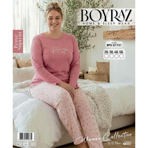 Boyraz BPS-01731 Bayan Penye Süprem Battal Desenli Uzun Kollu Pijama Takımı 2XL-5XL