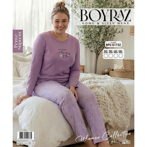 Boyraz BPS-01732 Bayan Penye Süprem Battal Desenli Uzun Kollu Pijama Takımı 2XL-5XL