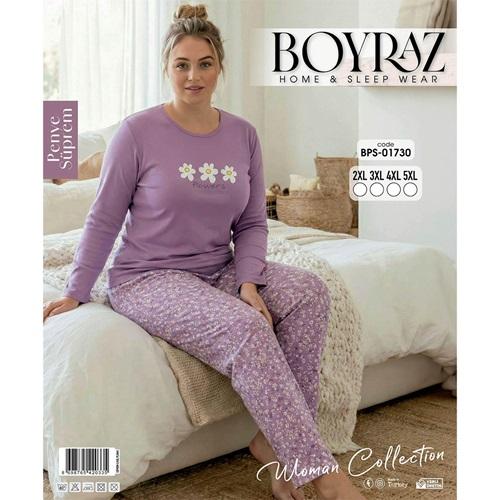 Boyraz BPS-01730 Bayan Penye Süprem Battal Desenli Uzun Kollu Pijama Takımı 2XL-5XL