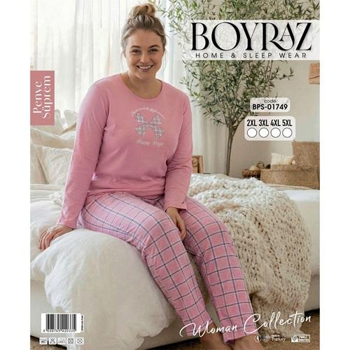 Boyraz BPS-01749 Bayan Penye Süprem Battal Desenli Uzun Kollu Pijama Takımı 2XL-5XL