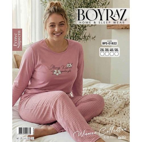 Boyraz BPS-01822 Bayan Penye Süprem Battal Desenli Uzun Kollu Pijama Takımı 2XL-5XL