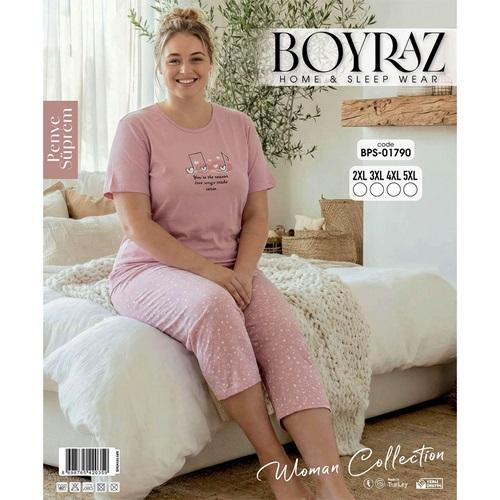Boyraz BPS-01790 Bayan Penye Süprem Battal Desenli Kısa Kollu Bermuda Pijama Takımı 2XL-5XL