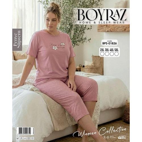 Boyraz BPS-01826 Bayan Penye Süprem Battal Desenli Kısa Kollu Bermuda Pijama Takımı 2XL-5XL