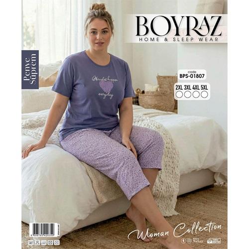 Boyraz BPS-01807 Bayan Penye Süprem Battal Desenli Kısa Kollu Bermuda Pijama Takımı 2XL-5XL