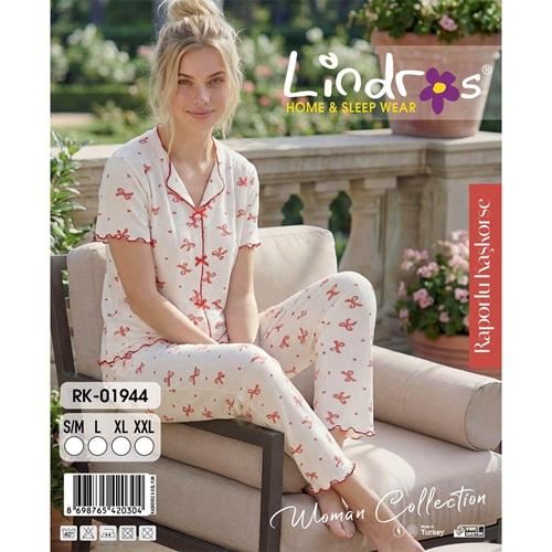 Lindros RK-01944 Bayan Raporlu Kaşkorse Desenli Kısa Kollu Pijama Takımı S-2XL