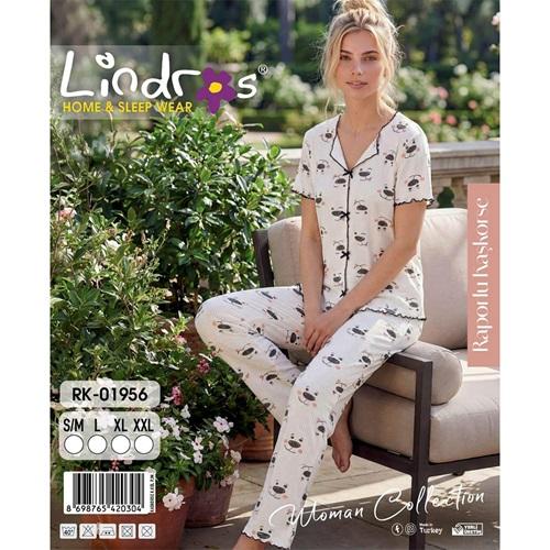Lindros RK-01956 Bayan Raporlu Kaşkorse Desenli Kısa Kollu Pijama Takımı S-2XL