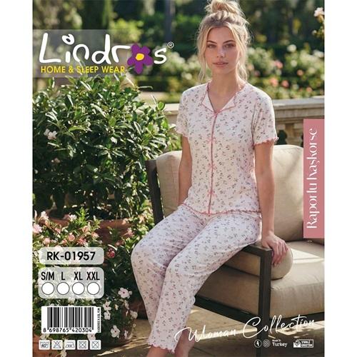 Lindros RK-01957 Bayan Raporlu Kaşkorse Desenli Kısa Kollu Pijama Takımı S-2XL