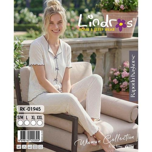 Lindros RK-01945 Bayan Raporlu Kaşkorse Desenli Kısa Kollu Pijama Takımı S-2XL