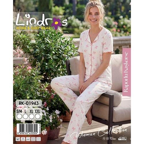 Lindros RK-01943 Bayan Raporlu Kaşkorse Desenli Kısa Kollu Pijama Takımı S-2XL