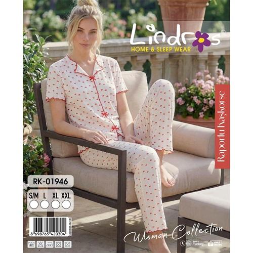 Lindros RK-01946 Bayan Raporlu Kaşkorse Desenli Kısa Kollu Pijama Takımı S-2XL