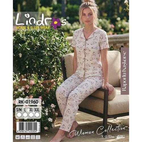 Lindros RK-01960 Bayan Raporlu Kaşkorse Desenli Kısa Kollu Pijama Takımı S-2XL
