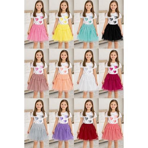 Özmiraç 5281 Kız Çocuk Kalp Baskılı Taşlı Dantelli Tül Etekli 2 Li Takım 3-7 Yaş