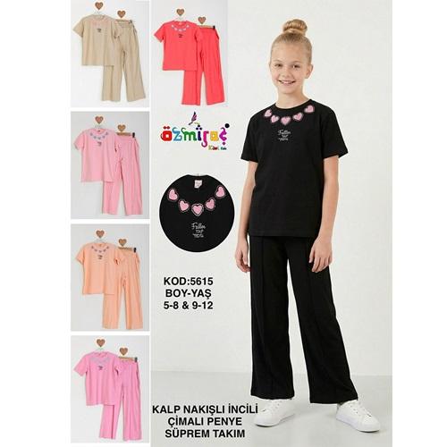 Özmiraç 5615 Kız Çocuk Penye Süprem Yaka Kalp Nakışlı Çiali Takım 9-12 Yaş