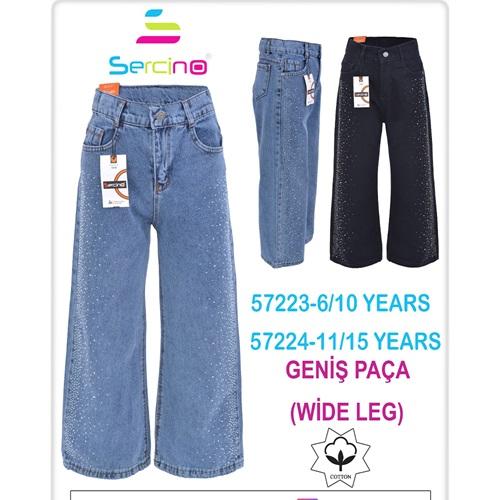 Sercino 57224 Kız Çocuk Pamuklu Serpme Taşlı Geniş Paça Kot Pantolon 11-15 Yaş