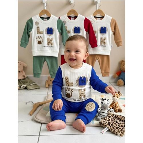 Mini Club 491 Erkek Bebe Penye Harf Nakışlı Sıfır Yaka İnterlok Uzun kol Takım 6-24 Ay