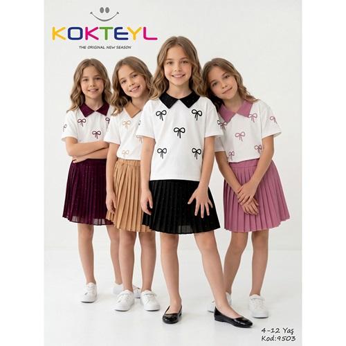 Kokteyl 9503 Kız Çocuk Penye Kurdela Nakışlı Pilise Etekli Takım 4-12 Yaş