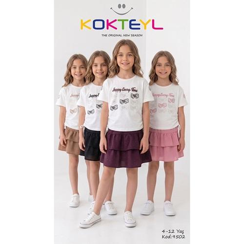 Kokteyl 9502 Kız Çocuk Penye Aplikeli Kurdela Taş Baskılı Pilise Etekli Takım 4-12 Yaş