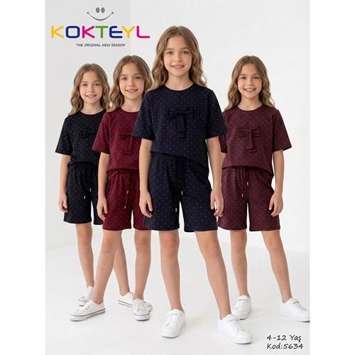 Kokteyl 5634 Kız Çocuk Penye Fiyonklu Puantiye Baskılı Şortlu Takım 4-12 Yaş